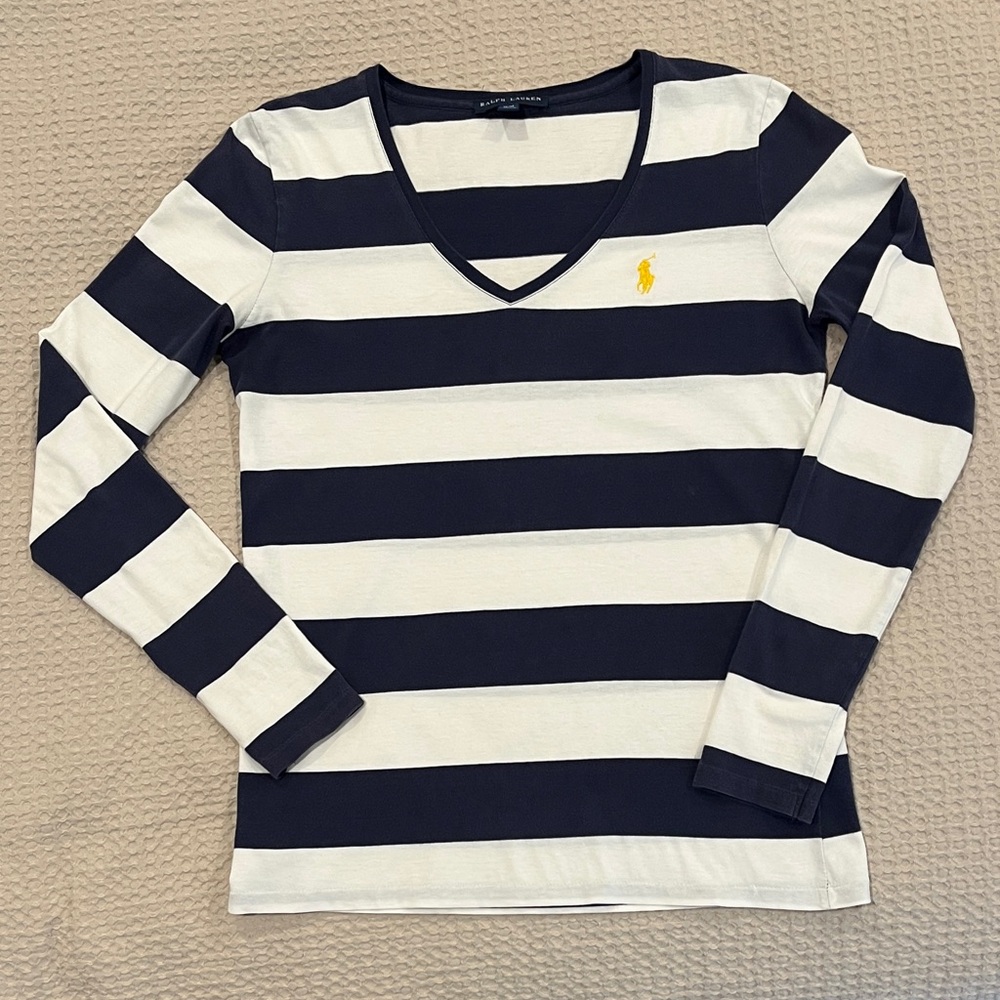 Ralph Lauren Navy and White Striped V-Neck Shirt